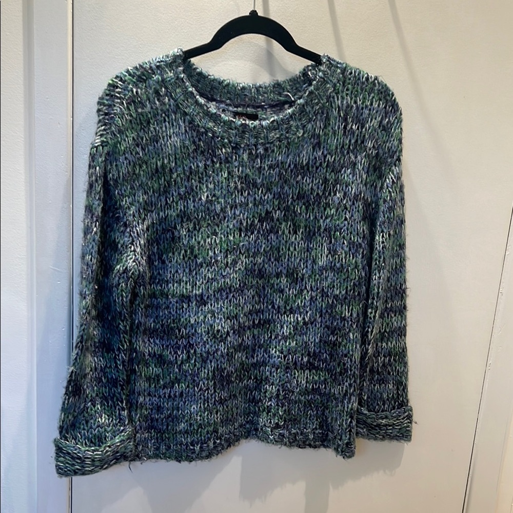 Green and Blue Crew Neck Sweater with Variegated Yarn